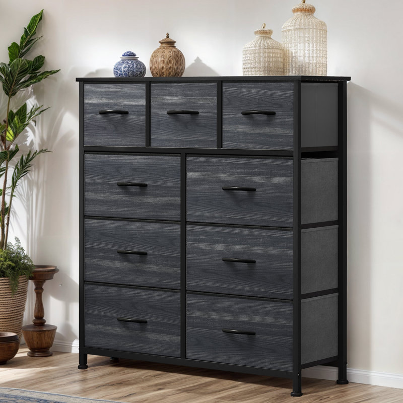 Black 9-Drawer Fabric Dresser with Iron Frame and Wood Grain Surface