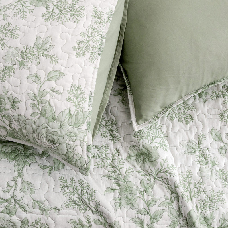 Wonderful Floral Quilt Set 3 Piece, Cotton Blend Bedding-100% Cotton Front, Full/Queen + 2 Standard Shams, Sage