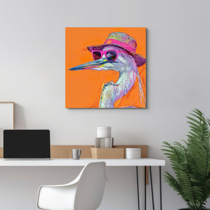 «Bright BCBG» vif orange héron avec chapeau et lunettes de soleil, Toile tendue, H 24 po x l 24 po
