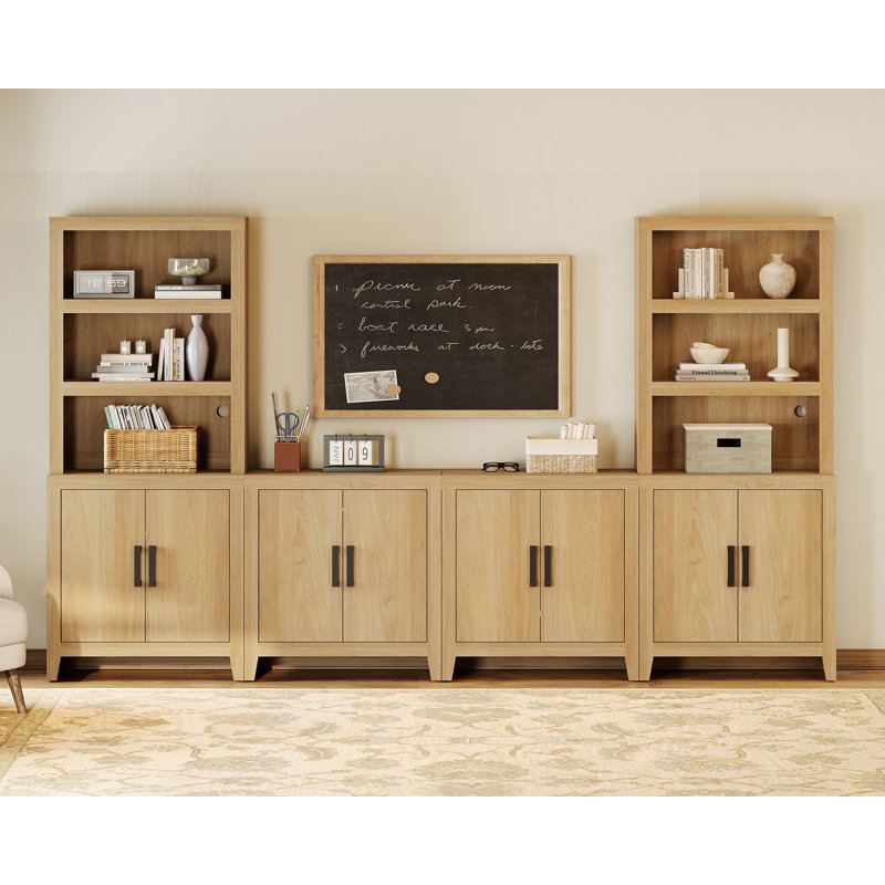 Entertainment Center With Bookshelves, 4-Piece Modular TV Stand With Storage Towers, Farmhouse Media Console With Concealed Storage For Living Room, Bedroom, Oak