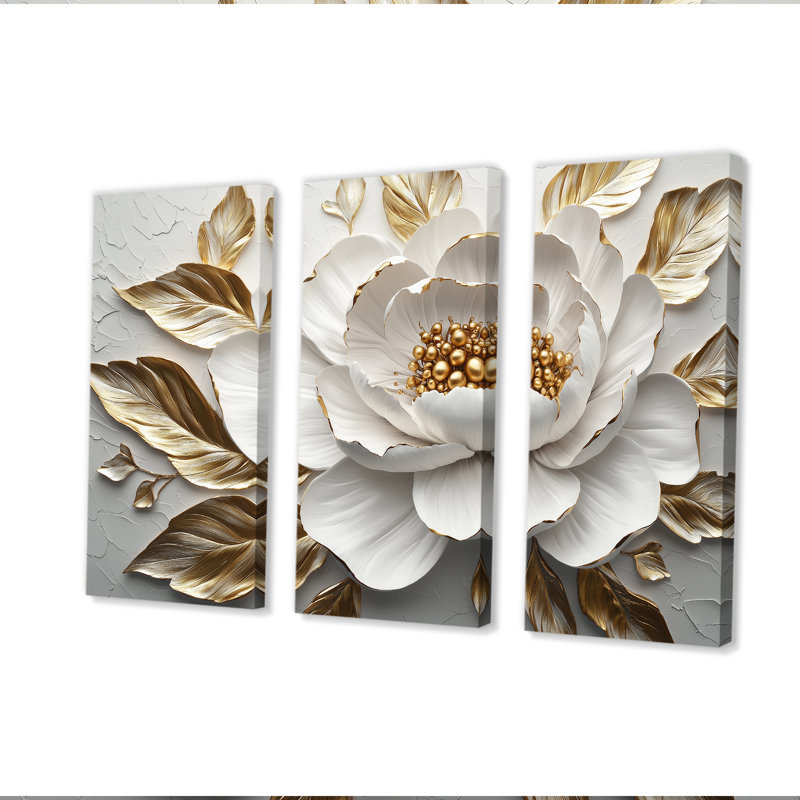 White And Gold Peony Bloom III - Peony Wall Art Living Room Set, Wrapped Canvas, 40" H x 60" W x 1" D