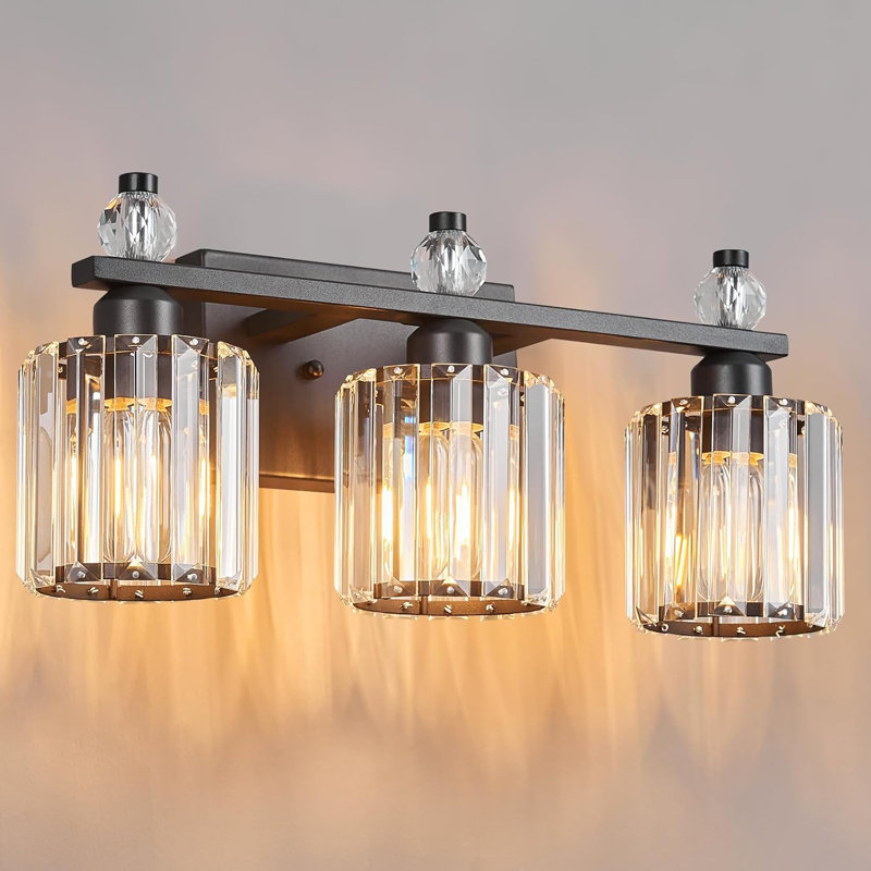 Luminaire de salle de bain moderne à 3 lumières avec abat-jour en cristal et à intensité variable pour une installation au-dessus d'un miroir