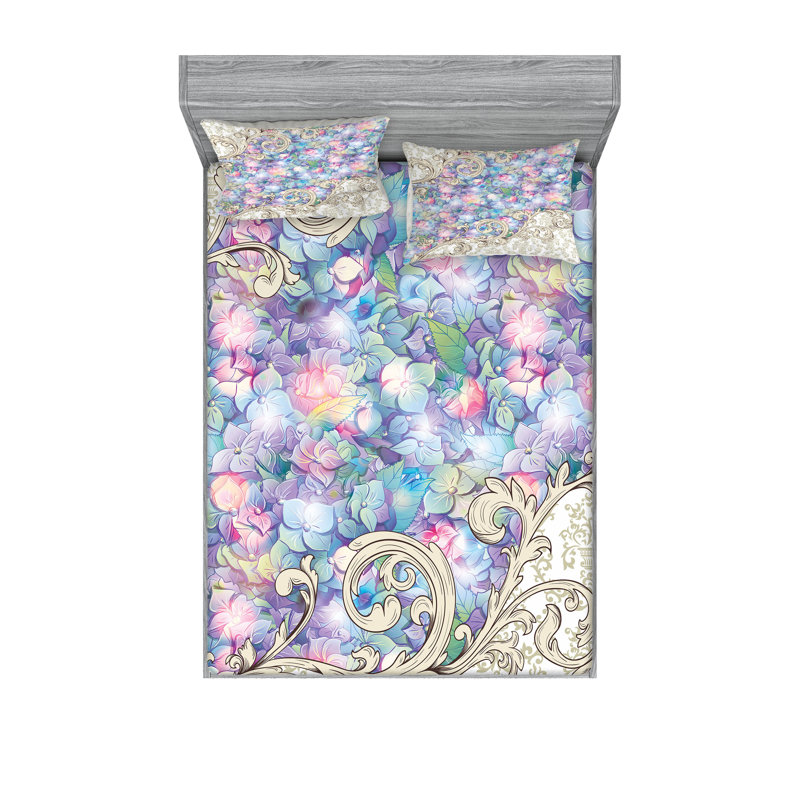 Ensemble de taie décorative à motif floral lilas et crème Ambesonne, California King Sheet Set with 4 Pillowcases