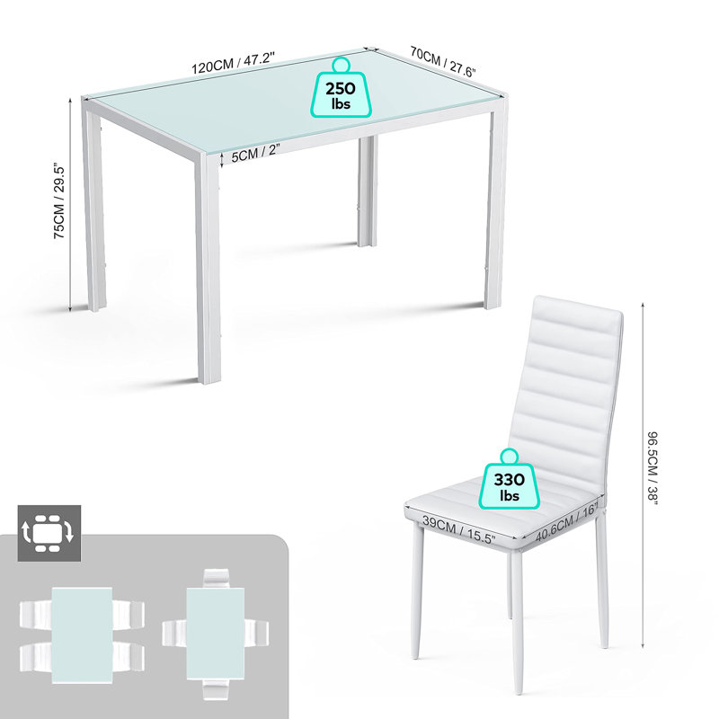 Ensemble 5 pièces de table de salle à manger en verre, cuisine et chaises pour 4 personnes, ensembles de pièces modernes en cuir synthétique pour la maison, la cuisine et le salon