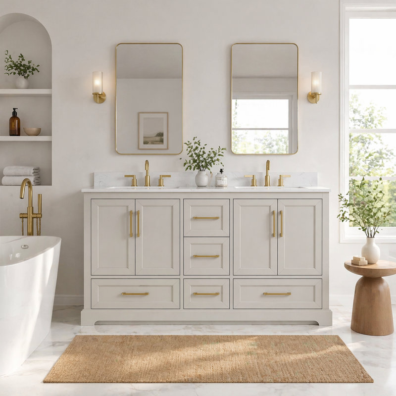 Calonia Snowline Freestanding Double Sink Bathroom Vanity With Engineered Stone Top, 61"
