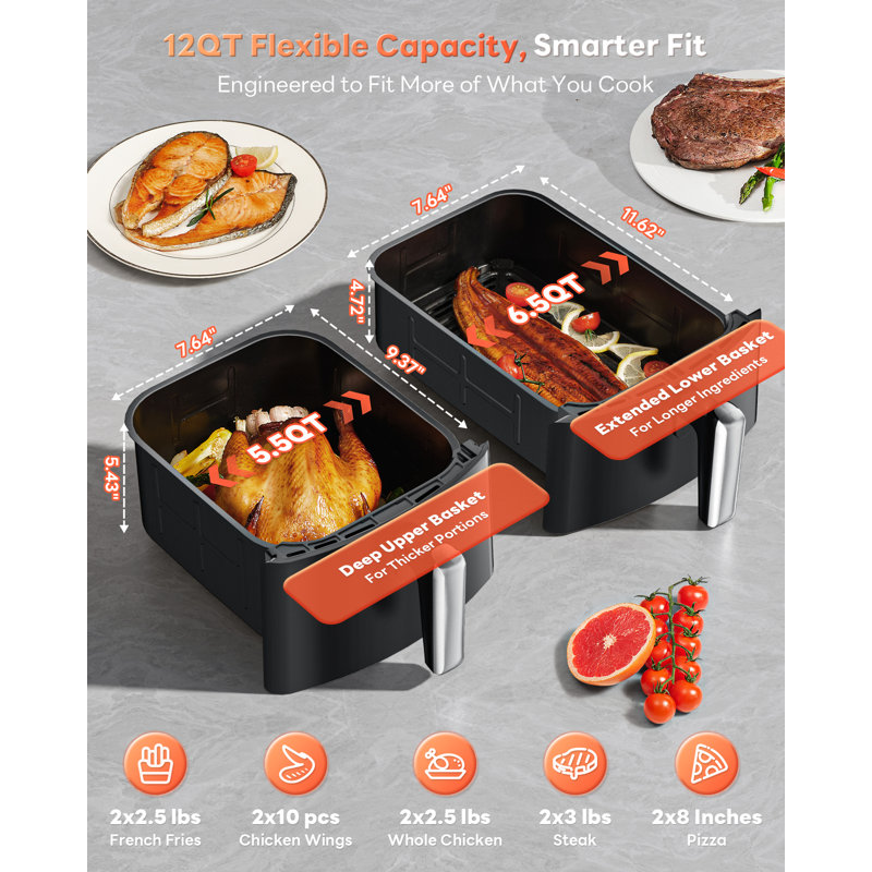 Grande friteuse à double air de 12 pte, sécheuse à air double 10 en 1 avec 2 paniers et technologie SyncHeat pour une cuisson uniforme, conception compacte empilée, finition intelligente et cuisson assortie, antiadhésif sans PFAS, va au lave-vaisselle, vert foncé