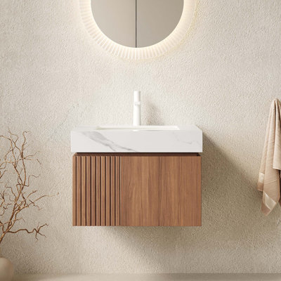 Meuble-lavabo flottant avec plateau en pierre frittée et rangement à fermeture en douceur