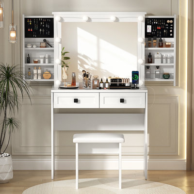 Daviyon Farmhouse Vanity With Sliding Storage And Glass Top
