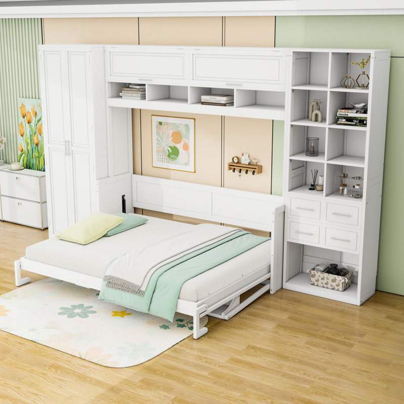 Lit escamotable en bois avec deux tiroirs, tablettes, armoire et ports USB, Blanc, Grand