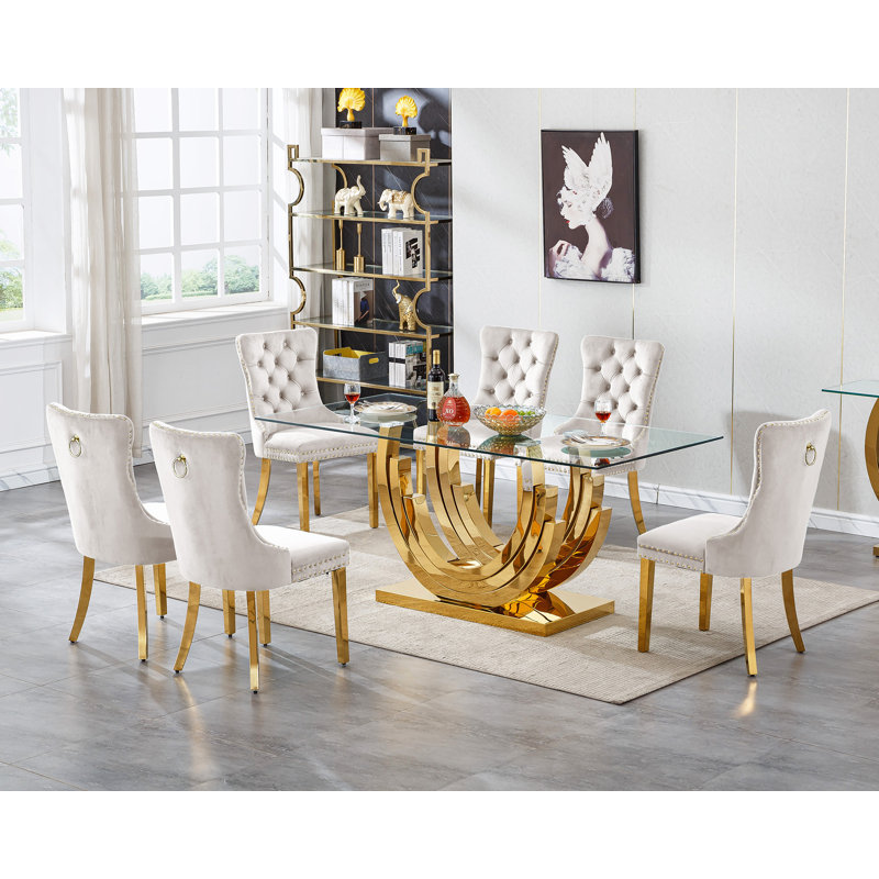 Modern Glass Dining Table Set, Clear Glass Dining Table with Stainless Steel Pedestal & Dining Chairs, 70" Rectangle Dining Room Table and Chairs Set, Luxury Kitchen Table Set