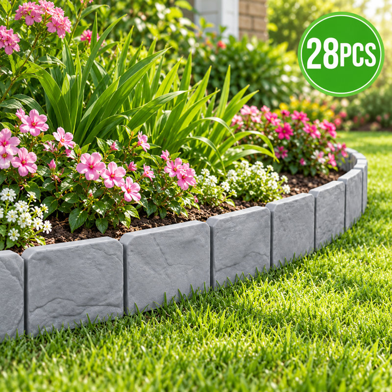 28-Piece Faux Stone Garden Edging Border Set, Gray Stake-In Landscape Fence for Flower Beds, Gray