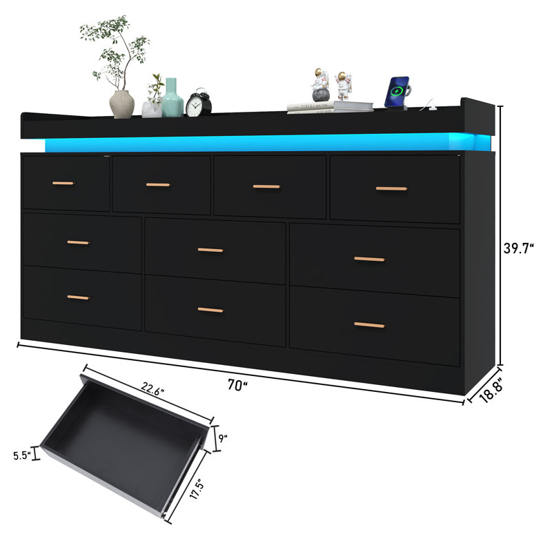 10 Drawer 70" W Dresser With LED Light, Sockets, USB Port, And Type-C Port, Black
