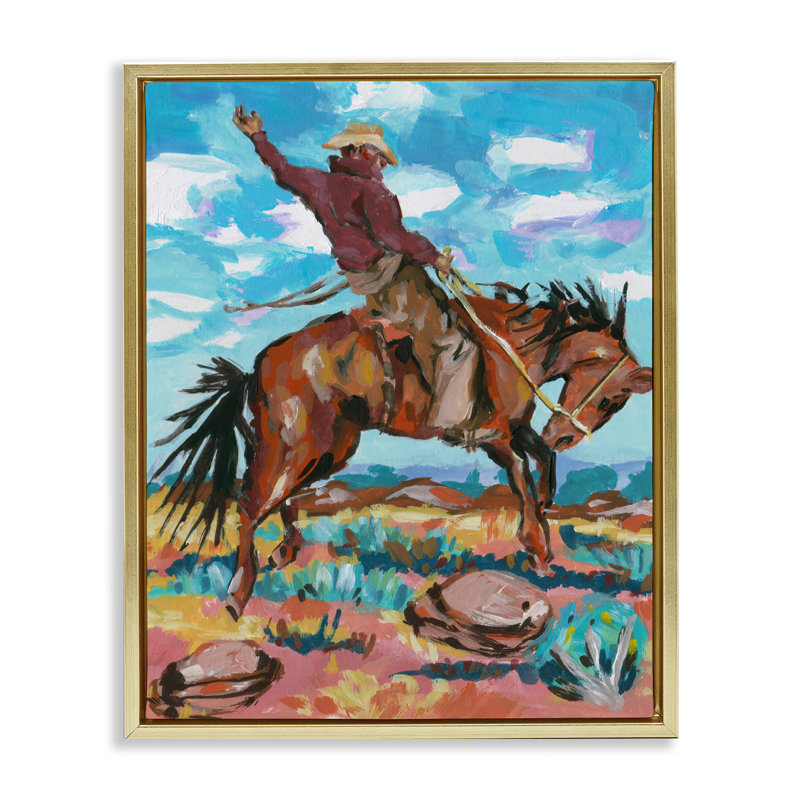 «Cowboy On Eleving Horse», art mural encadré par John Dixon, H 31 po x l 25 po, Cadre flottant métallique doré
