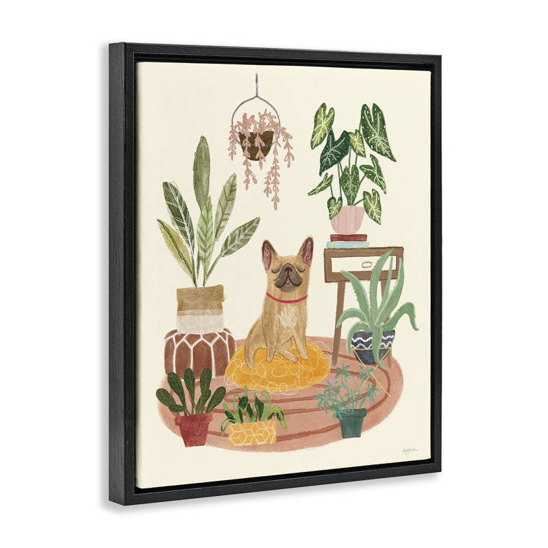 «Pug Dog with Plants» par Mary Urban, Cadre flottant noir de jais, H 21 po x l 17 po