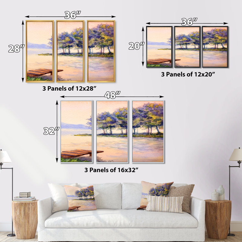 «Colorful Sunset Trees over the Lake», reproduction de photo sur toile 3 pièces, H 20 po x l 36 po x P 1 po, Cadre blanc