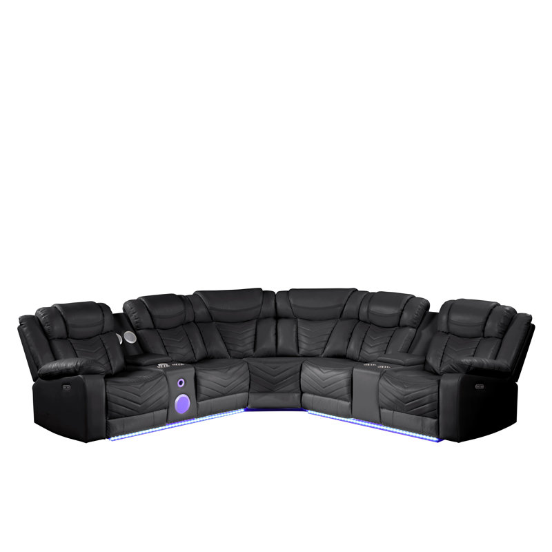 Briege Faux Leather Power Reclining Curved Sectional Symmetrical, Black Faux Leather
