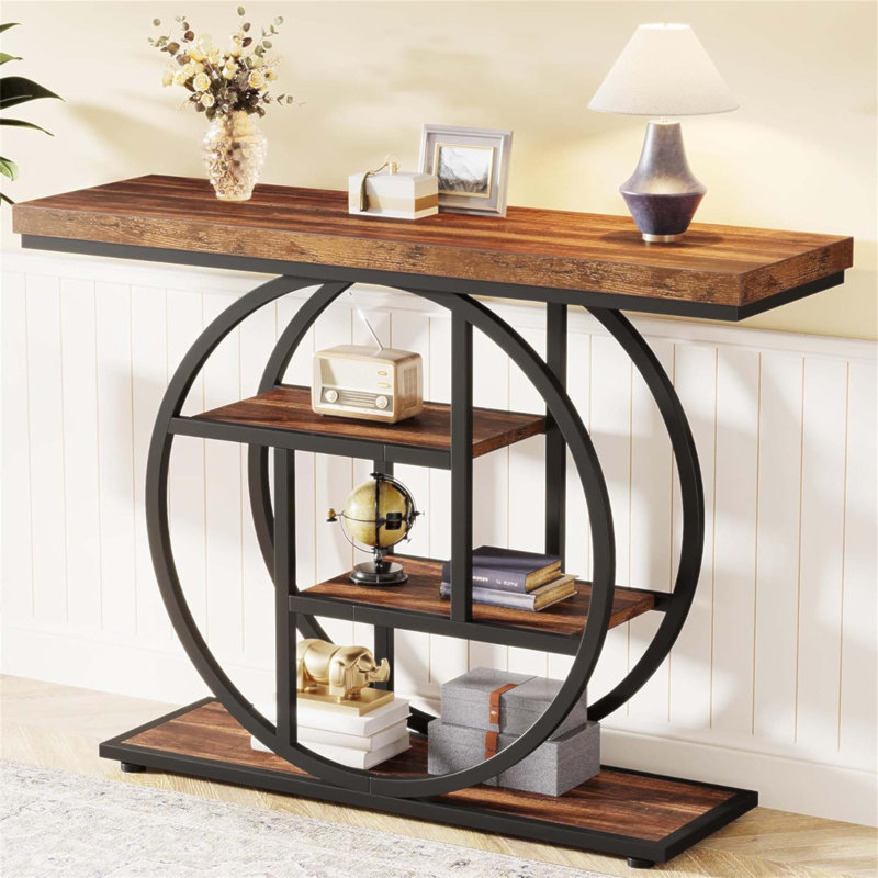 Console industrielle de 41,3 pouces avec 4 tablettes rustiques à 4 niveaux, structure en métal circulaire unique pour les entrées et les salons étroits
