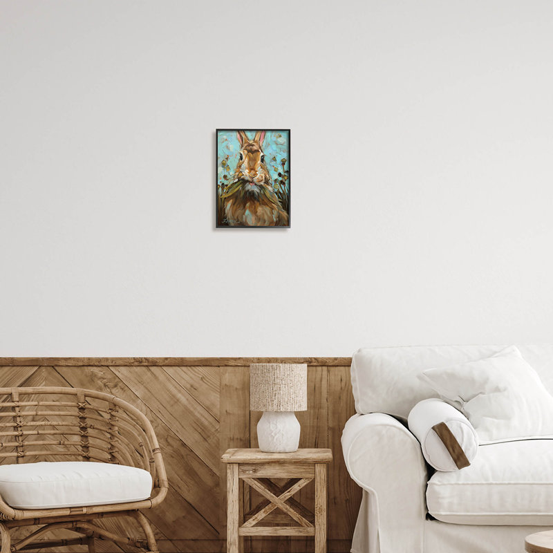 Wildlife Rabbit Eating Grass Print on Canvas with Black Frame