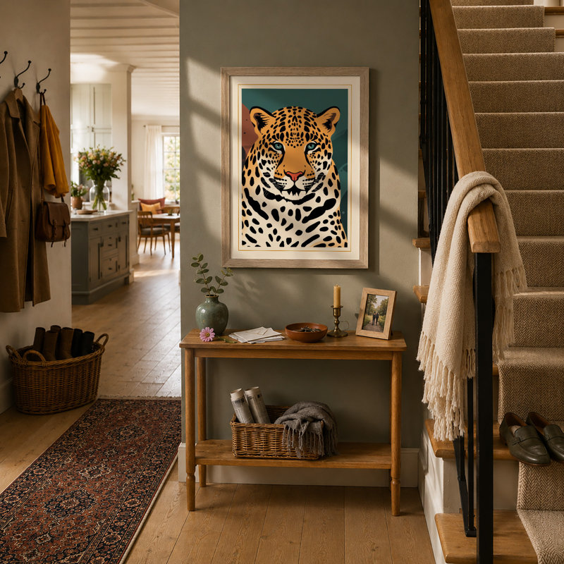 Leopard Portrait Geometric - Framed Print, A1 - 84.1 x 59.4 cm, Oak