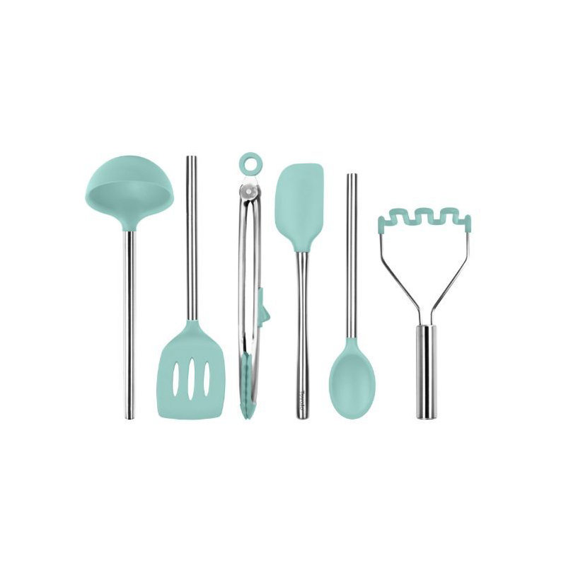 Silicone Utensil Set of 6 - Black, Light Aqua