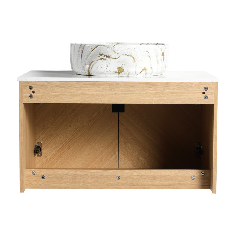 Meuble-lavabo de 30 po avec dalle de pierre artificielle blanche, lavabo d'art en céramique et base de contreplaqué de montage