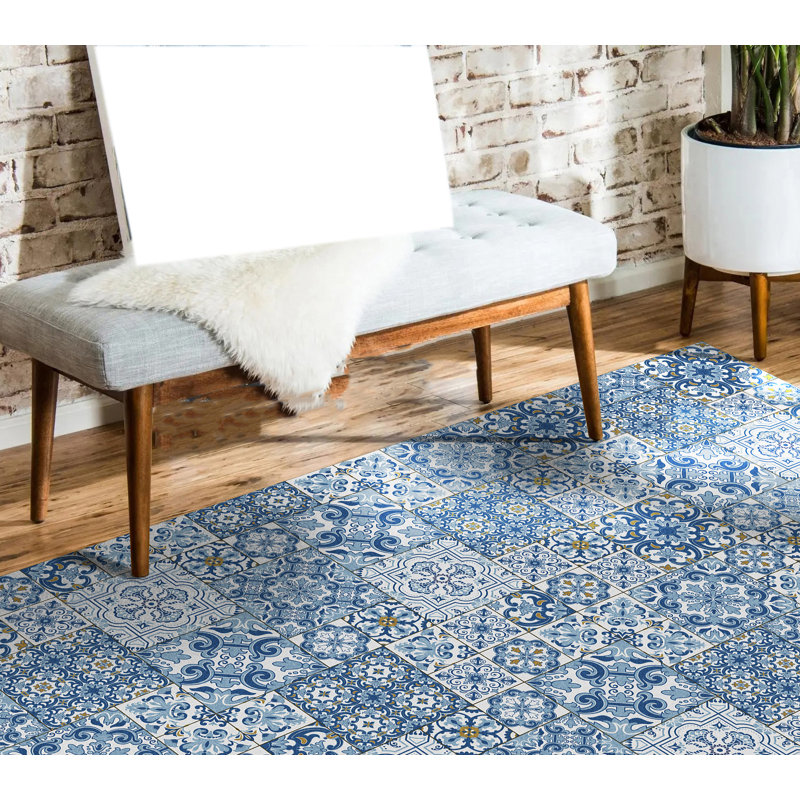 Sevilla Patchwork Vinyl Area Mat in Blue, Runner 2' x 6'