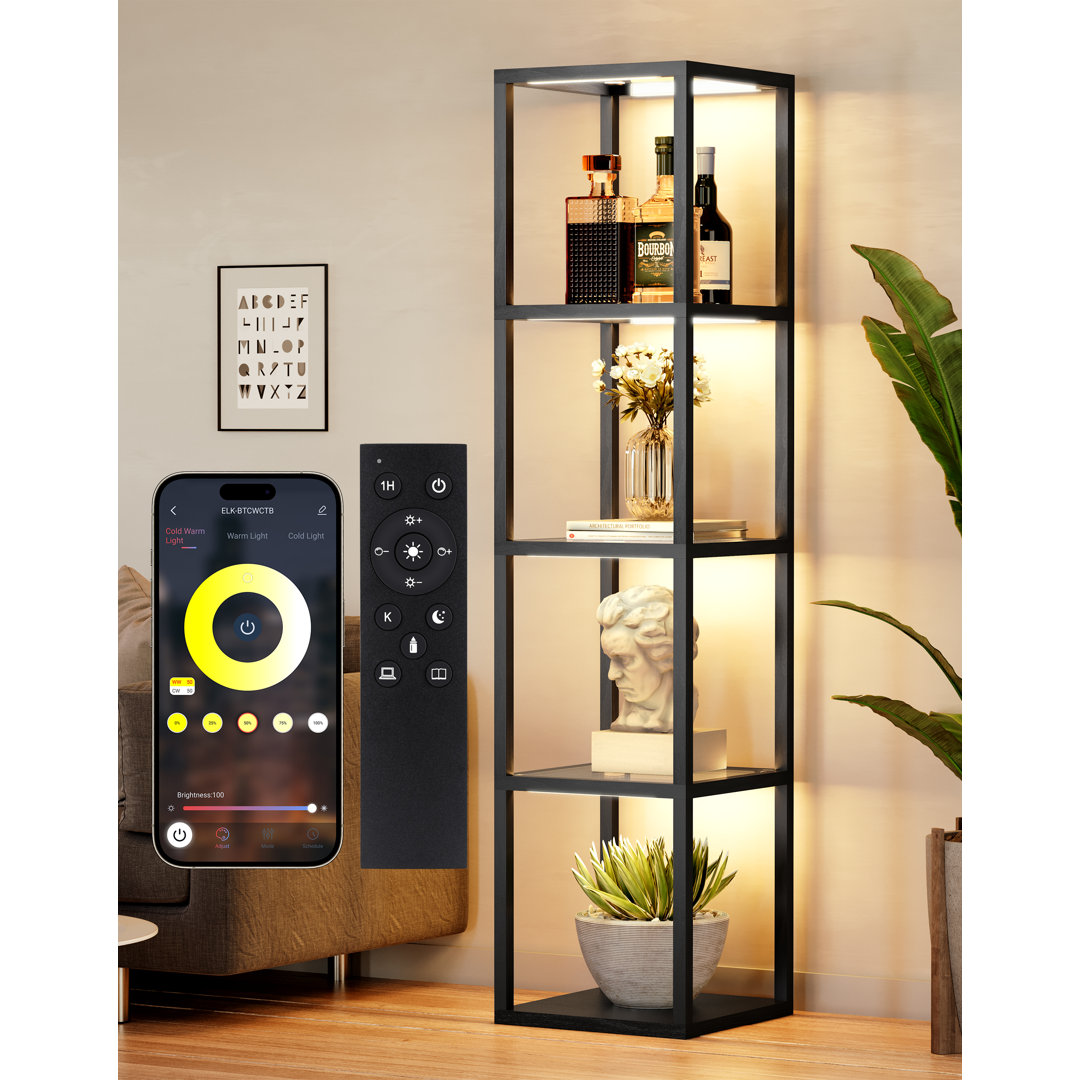 LED Floor Lamp with Shelves Open Display Cabinet, Floor Lamp Glass with Remote/APP Color Temp Control (2700K-6000K), Black Ivy Bronx