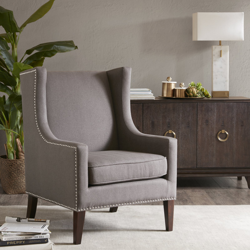 Fauteuil à oreilles rembourré avec garniture cloutée Katahdin , 100 % polyester gris