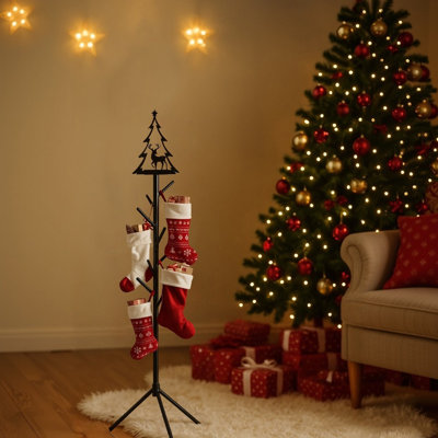 53" Vertical Christmas Stocking Holder Stand For Floor, Heavy Duty Metal Freestanding Stocking Rack Hanger Stand With 8 Hooks For Holiday Decor, Black