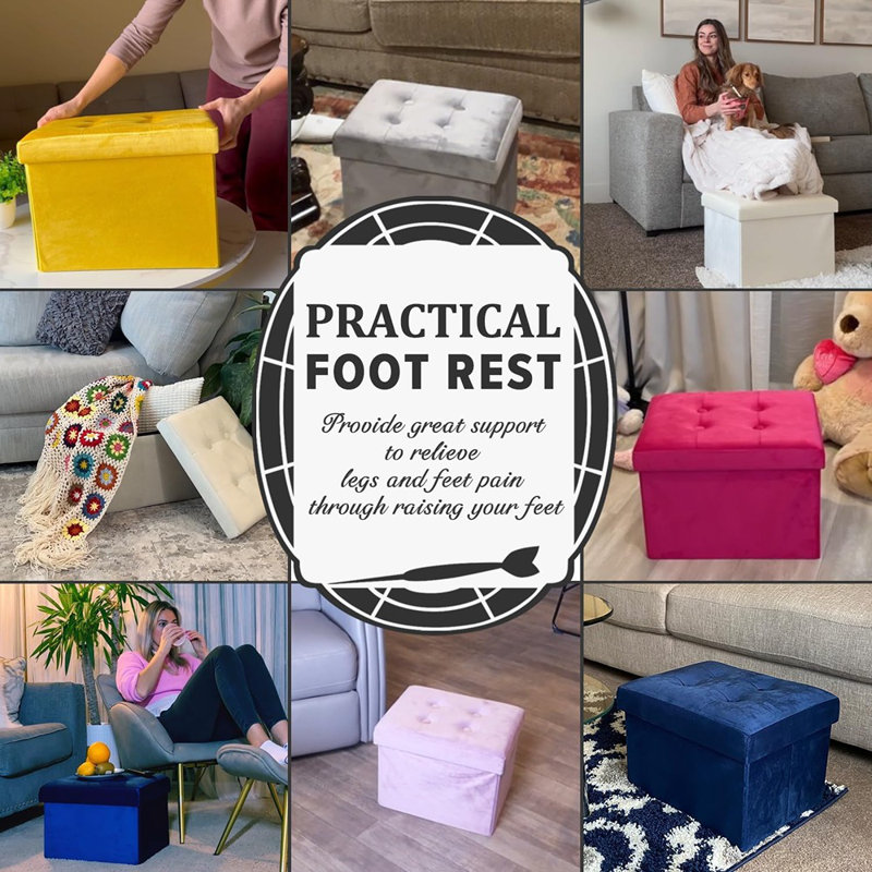 Storage Ottoman Folding Foot Stool Velvet Foot Rest With Padded Modern Ottoman With Storage For Living Room Puppy Step Stool.