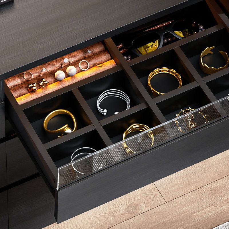 Marisole Contemporary 47.24''W Glass-Faced 6-Drawer Double Dresser With LED Lighting, Black