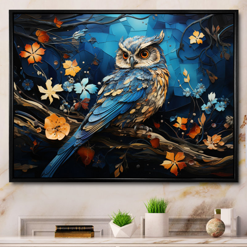 «Blue Owl Nights Watch Collage II», reproduction sur toile, H 16 po x l 32 po x P 1 po, Cadre flottant noir