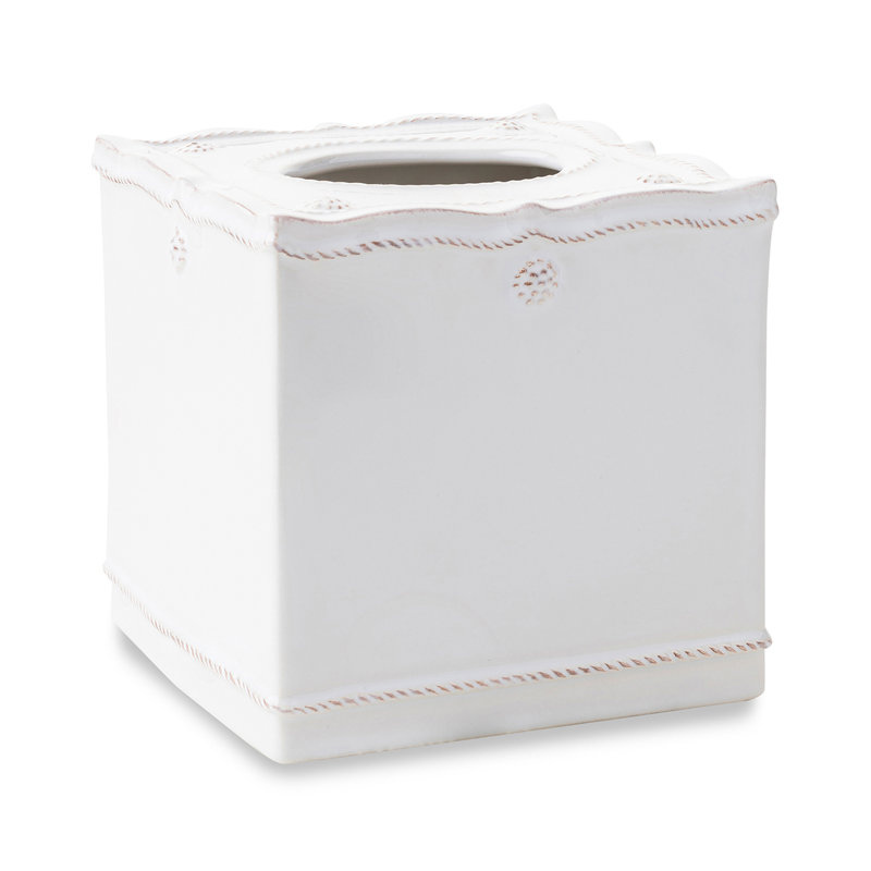 Elegant Whitewash Ceramic Tissue Box Cover with Berry & Thread Motif
