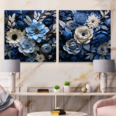 Aquarelle de fleurs saisonnières bleues et blanches - ensemble de 2 peintures murales en acrylique
