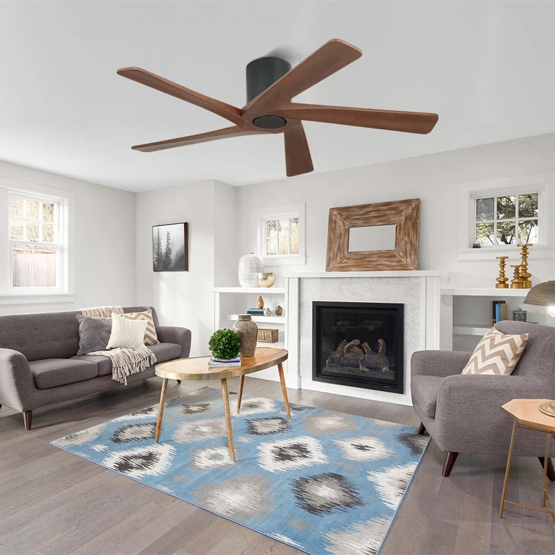 5 Solid Wood Blades Indoor Flush Mount Ceiling Fan With Remote, Black, Walnut, 48'' Wide