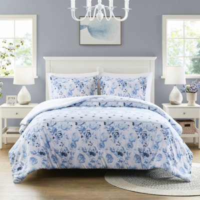 Housse de couette à motif floral et rayé bleu / double, 100%, microfibre captivante à fermeture à boutons