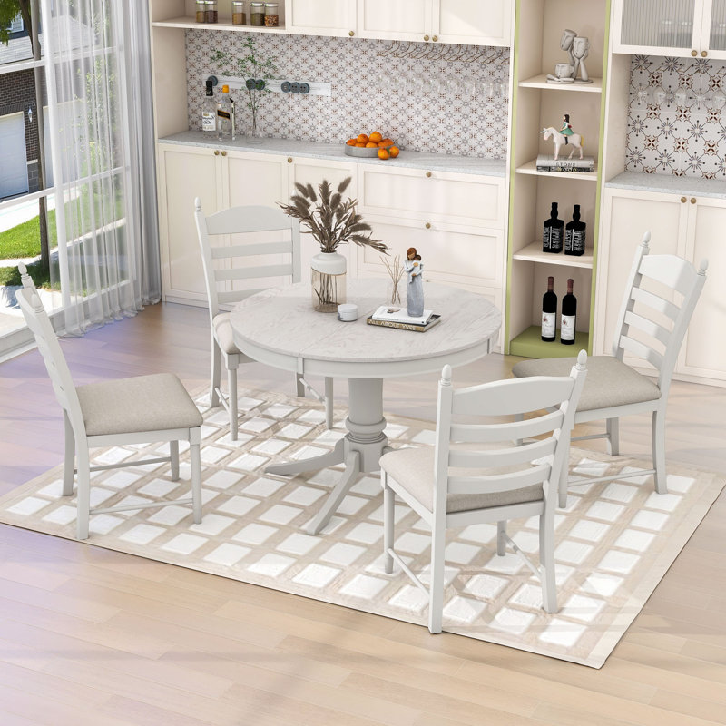 Danyelle 5Pcs Extendable Round Dining Set with Wood Table and 4 Upholstered Chairs, Antique White