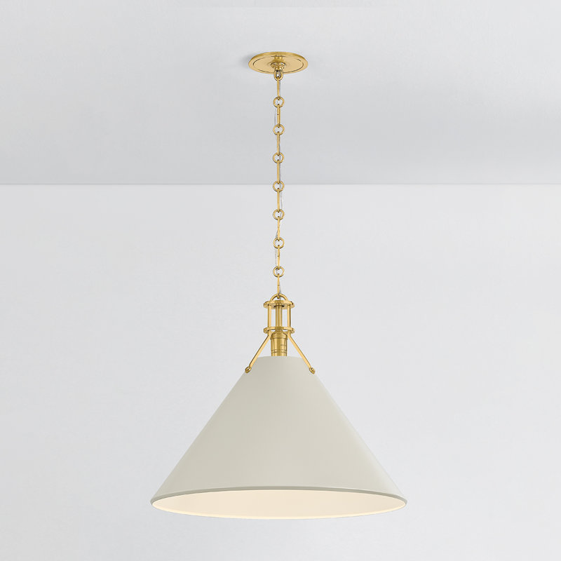 Painted No. 2 Pendant in Aged Brass and Blue Bird by Mark D. Sikes, 17.5" H x 21" W x 21" D, Off-White, Brass