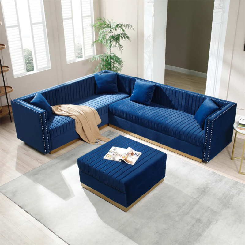 Canapé d'angle rembourré en velours capitonné Contemporary, Velours bleu