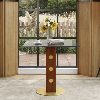Table de salle à manger moderne carrée, table en verre trempé de 33,5 po avec pieds en bois et base dorée, table de cuisine pour 2 personnes pour petit espace, capacité de poids de 150 lb (seulement la table de Négociation)