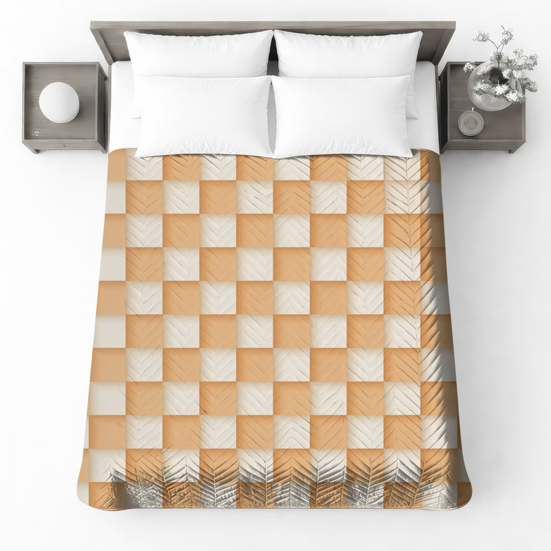 Orange White Checkered Quilted Bedspread All Sizes, Twin