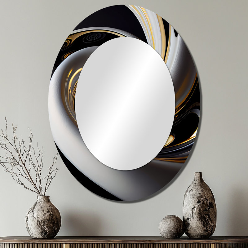 Vitrail doré noir et blanc III - Miroir décoratif abstrait ovale sur métal, 40 po x 30 po