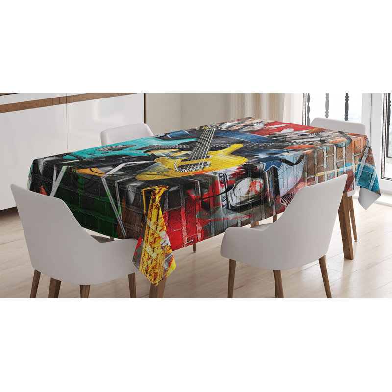 Ambesonne Music Tablecloth, Collage Of Music Color And Musical Instruments Street Wall Art Joyful Nostalgia Print, Rectangular Table Cover For Dining Room Kitchen Decor, 52" X 70", Multicolor