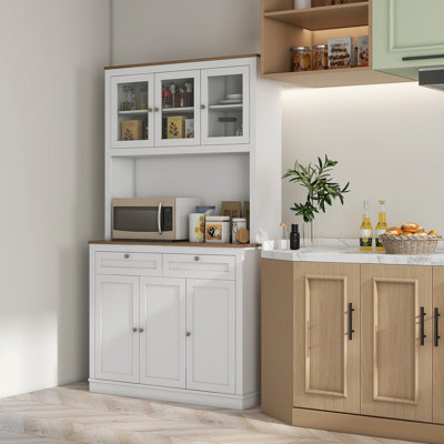 71" Tall Kitchen Pantry Storage Cabinet With Microwave Stand, Freestanding Buffet With Hutch, 2 Drawers, 5 Doors, Adjustable Shelves And Glass Doors For Kitchen, Dining Room