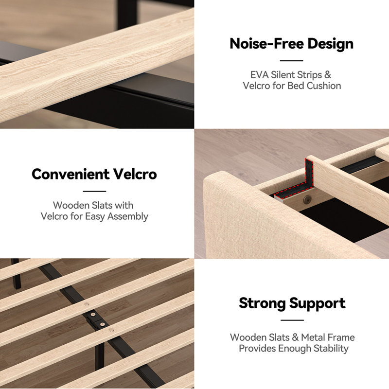 King Bed Frame with Charging Station & LED Lights,Noise Free,Beige, King