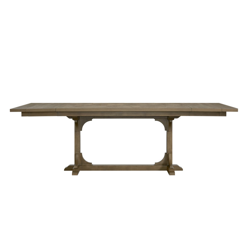 Table à tréteaux Almond, hauteur de comptoir, extensible de 84 po à 114 po, largeur de 44 po, hauteur de 36 po, parquets géométriques, placages, 230,5 lb