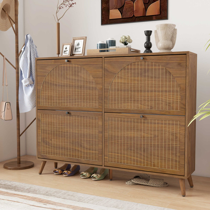 Armoire à chaussures 24 paires avec 4 tiroirs rabattables, range-chaussures étroit avec panneau cannelé, armoire à chaussures autoportante pour couloir