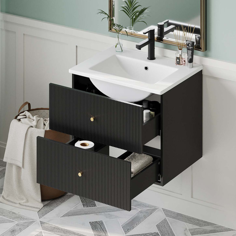 Meuble-lavabo mural moderne avec 2 tiroirs, Noir, noir, noir, noir