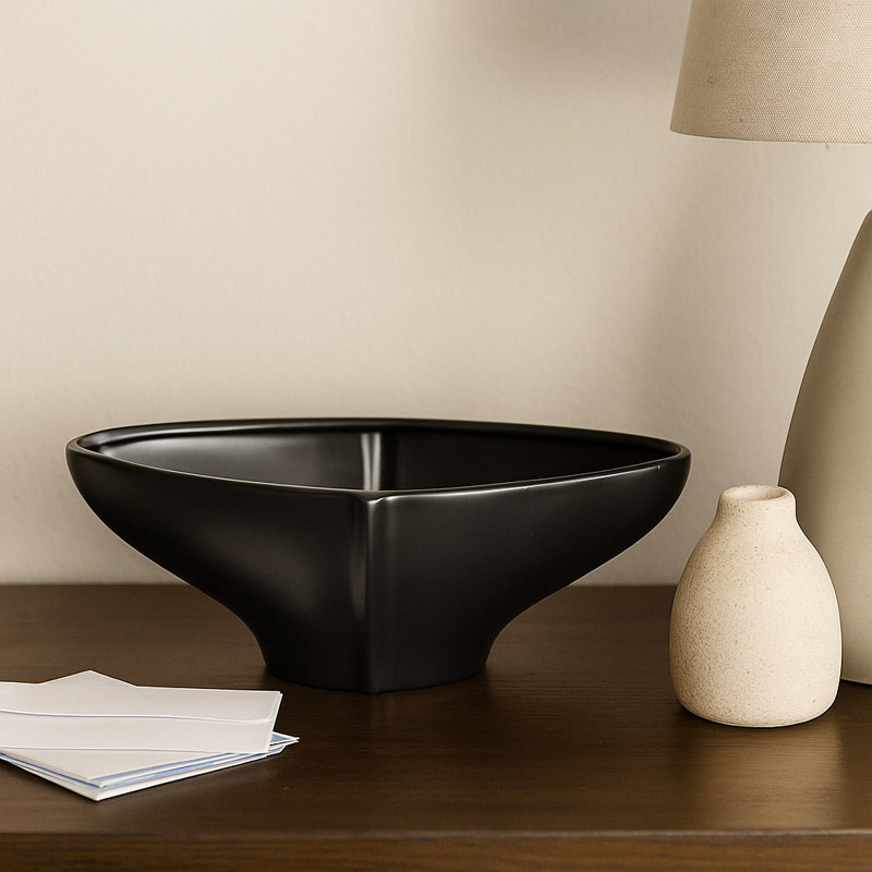 Modern Ceramic Sculptural Decorative Bowl for Home Decor - Minimalist Centerpiece Accent Bowl for Console Table or Living Room - 16", Black