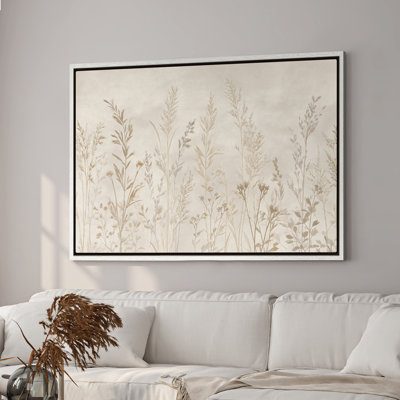 Art mural encadré sur toile - Silhouette de pré botanique minimaliste en beige doux neutre - 16 po x 24 po, 24 po x 36 po